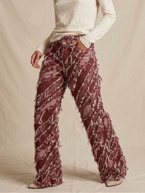 Ladies Frayed Diagonal-Pattern Wide Leg Jeans 26x30 Burgundy retro  Y2K 1337
